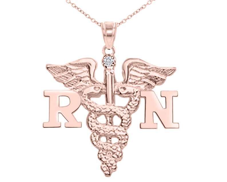 RN Nurse Diamond Necklace 14K Rose Gold - NursingPin.com